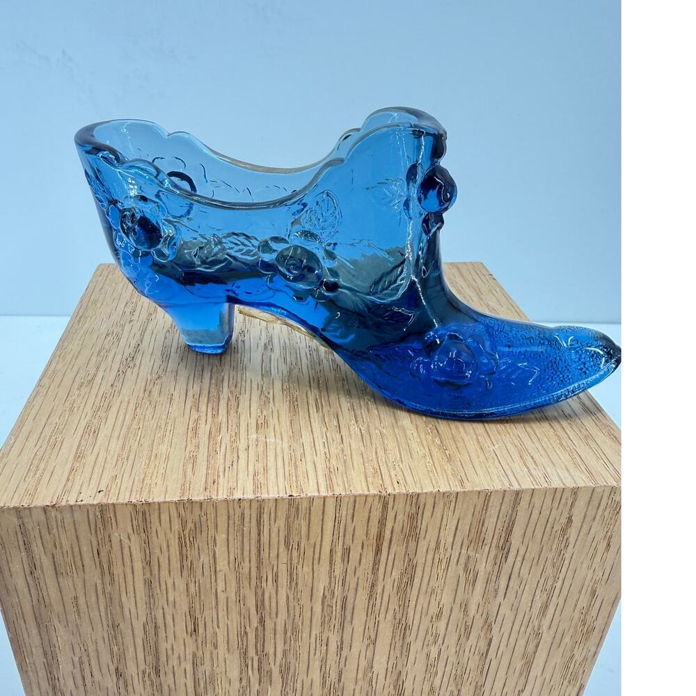 Fenton Blue Glass Slipper Shoe Rose Floral Vintage Art Glass Collectible 5 Inch